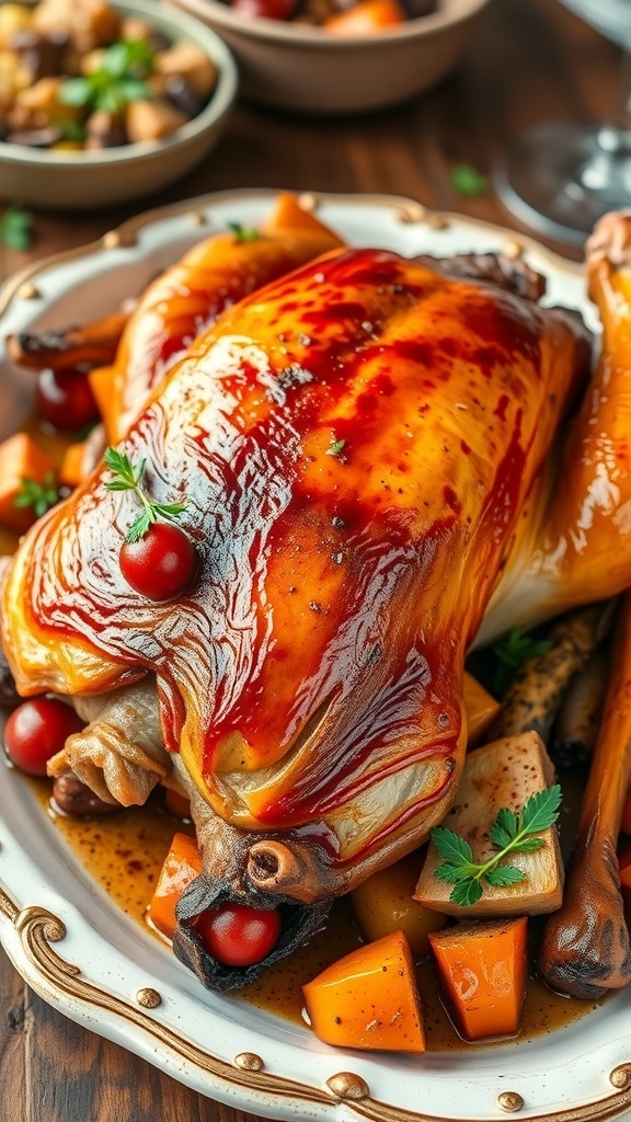Duck Keyboard Recipe A roasted duck on a platter, garnished with herbs and surrounded by roasted vegetables.